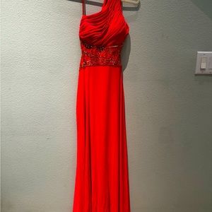 Betsy & Adam Coral formal prom Gold bead One shoulder dress